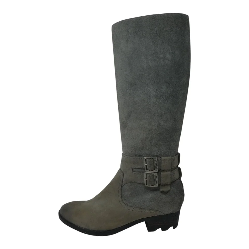 Sorel Emelie Tall Boot Women 8.5 Gray Leather Suede Waterproof Buckle